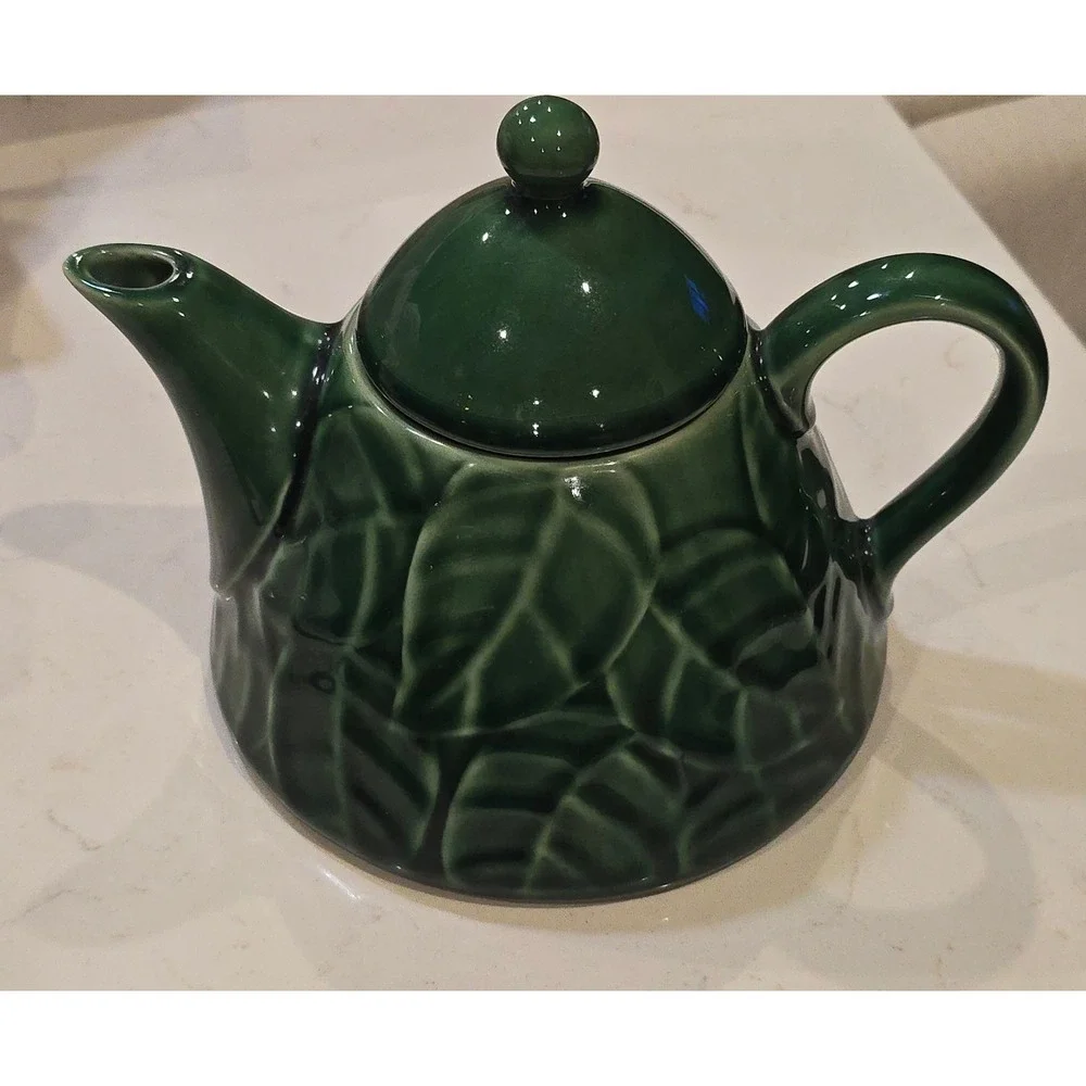 Pier 1 Jade Leaves Green Stoneware Teapot Embossed Leaf Pattern Botanical